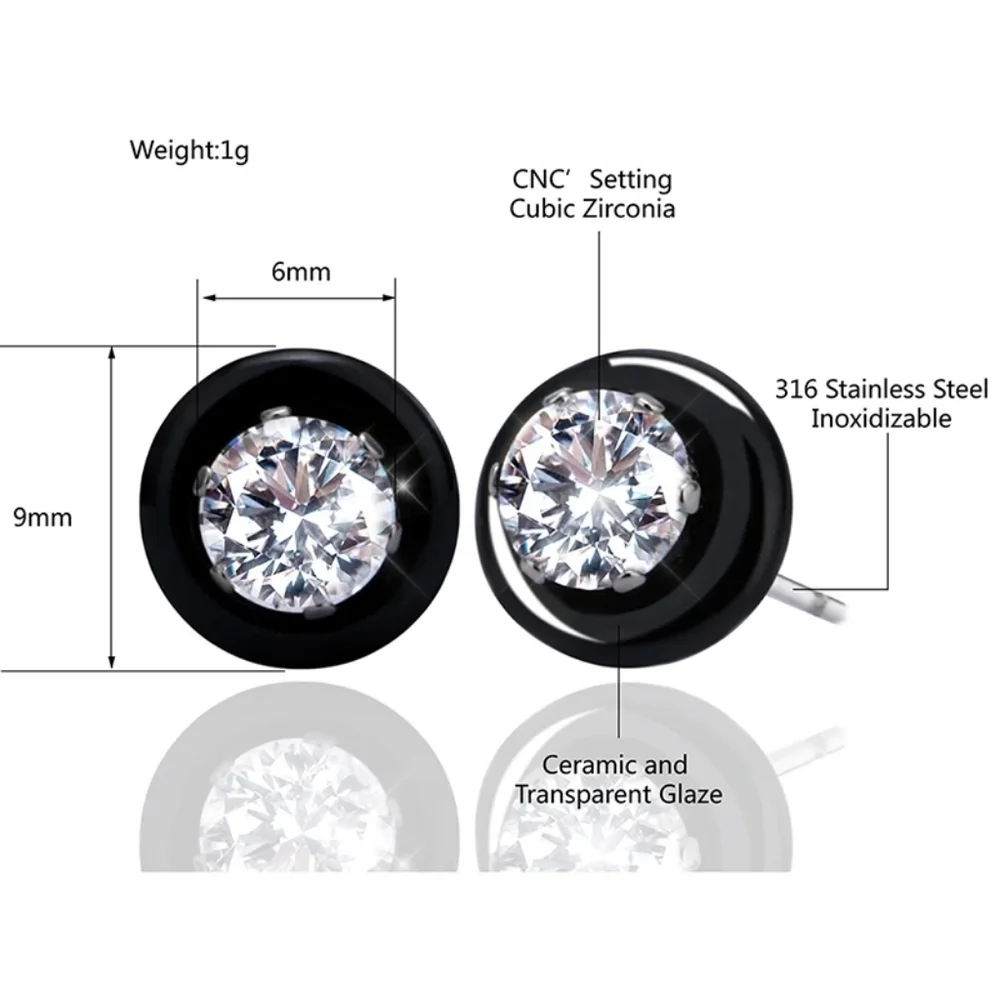 NEW Black‎ Ceramic 1 Carat Solitaire Diamond Stud Earrings, 9mm